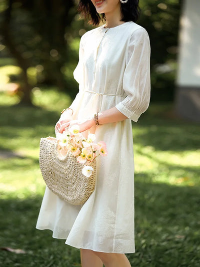 Designer Summer Dress Women O-Neck Silk Half Sleeve High Waist Elegant Party Dress White