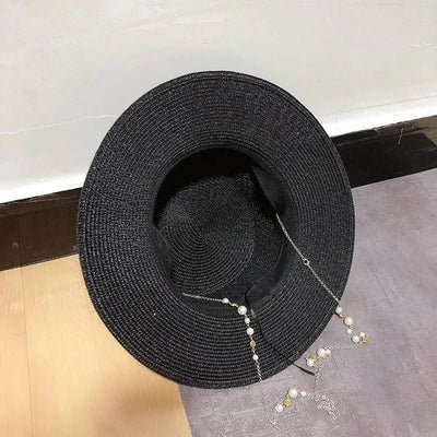 New Women Summer Hats Straw Sun Hat Panama Elegant Straw Fedoras Lady Girl Outdoor Vacation with Pearl Chain Sunshade Beach Hat