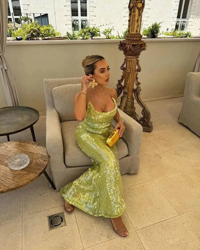Shiny Sequins Off Shoulder Open Back Long Slim Maxi Dresses | Women, Girls | Summer Vacation Evening Party Gown