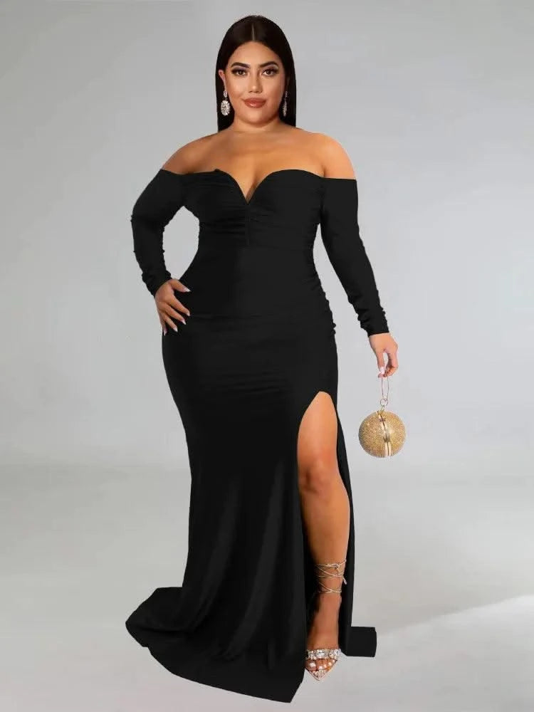 Wmstar Plus Size Party Dresses for Women Off Shoulder V Neck Slip Hem Elegant Full Length Maxi Dress Wholesale Dropshipping 2022