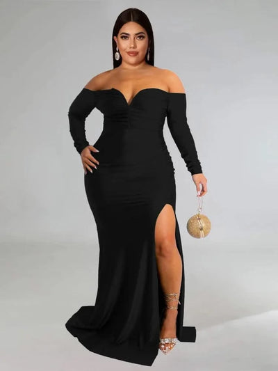 Wmstar Plus Size Party Dresses for Women Off Shoulder V Neck Slip Hem Elegant Full Length Maxi Dress Wholesale Dropshipping 2022