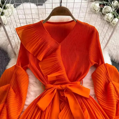 Women's V Neck Ruffles Splice Lantern Sleeve High Stretch Oversized Dresses Miyake Maxi Pleated 2025 Spring Long Party Clothing