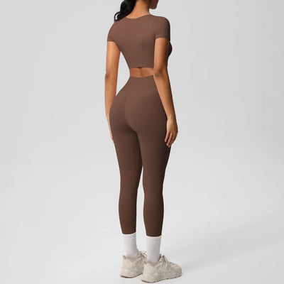 Yoga Set 2 Pieces Women Tracksuits Workout Sportswear Gym Clothing Fitness Short Sleeve With Padded High Waist Leggings Suits