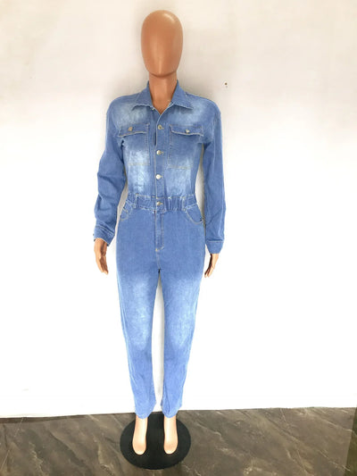 Women Jeans Jumpsuits Single Breasted Solid Denim Washing Overalls Pockets High Street Button Pencil Pants Ankle Length