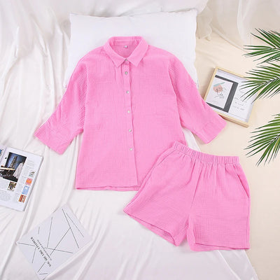 Women's Nightwear Cotton Lounge Pajama Set Long Sleeve Lapel Neck Top With Shorts Two Piece Sleepwear Summer Casual Loungewear