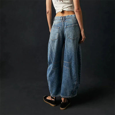 Midiross High Stretch Mid-Rise Barrel Jeans Fashion wide Leg Shape Women Casual Baggy Mid Waist Denim Jeans