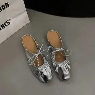 Women Ballet Leather Narrow Band Flat Shoes  Bling Silver,  Gold Footwear
