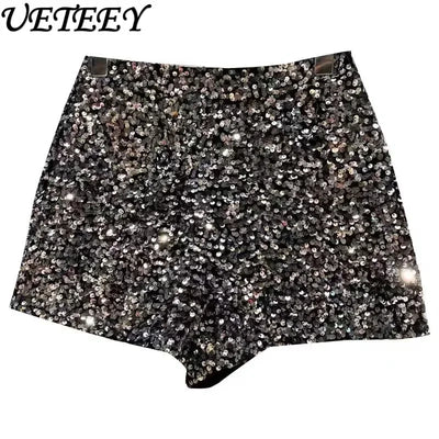 2025 New Summer Spring New Full Sequined Shiny Casual Shorts Heavy Zipper Nightclub Socialite Short Shorts Hot Pants for Women - Elanique