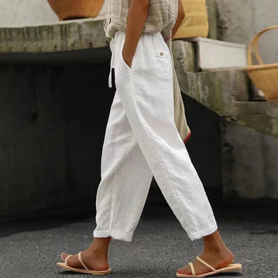 Women Solid Cotton Linen Pants Casual Baggy Elastic Waist Cropped Trousers Basic Wide Leg Linen Pants Pantalones De Mujer