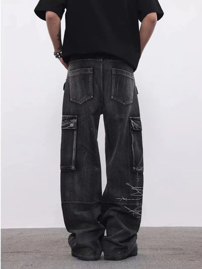 Trendy Brand American Retro Tooling Jeans Mens High Street Heavy Industry Embroidery Loose Wide-leg Trousers