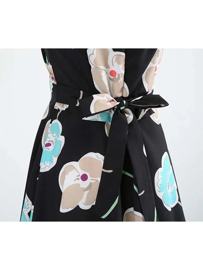Women's Summer Sleeveless Midi Dress Green Leaf Print O-Neck Retro Vintage Party Robe Casual Elegant Female Clothing