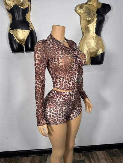 Spring New y2k Style Stretch Crop Top Leopard print Women Tracksuits Sets+Trousers 2 Two Pieces Matching Streetwear Shorts Suits