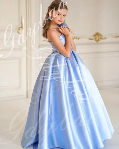 Sky Blue Satin Flower Girl Dress For Wedding One Shoulder With Bow Princess Kids Birthday Party First Communion Ball Gowns
