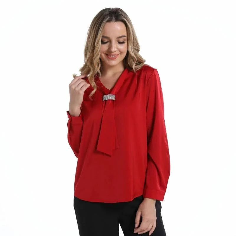 Red Women Blouse Ribbon Women Shirt Luxury Woman Top