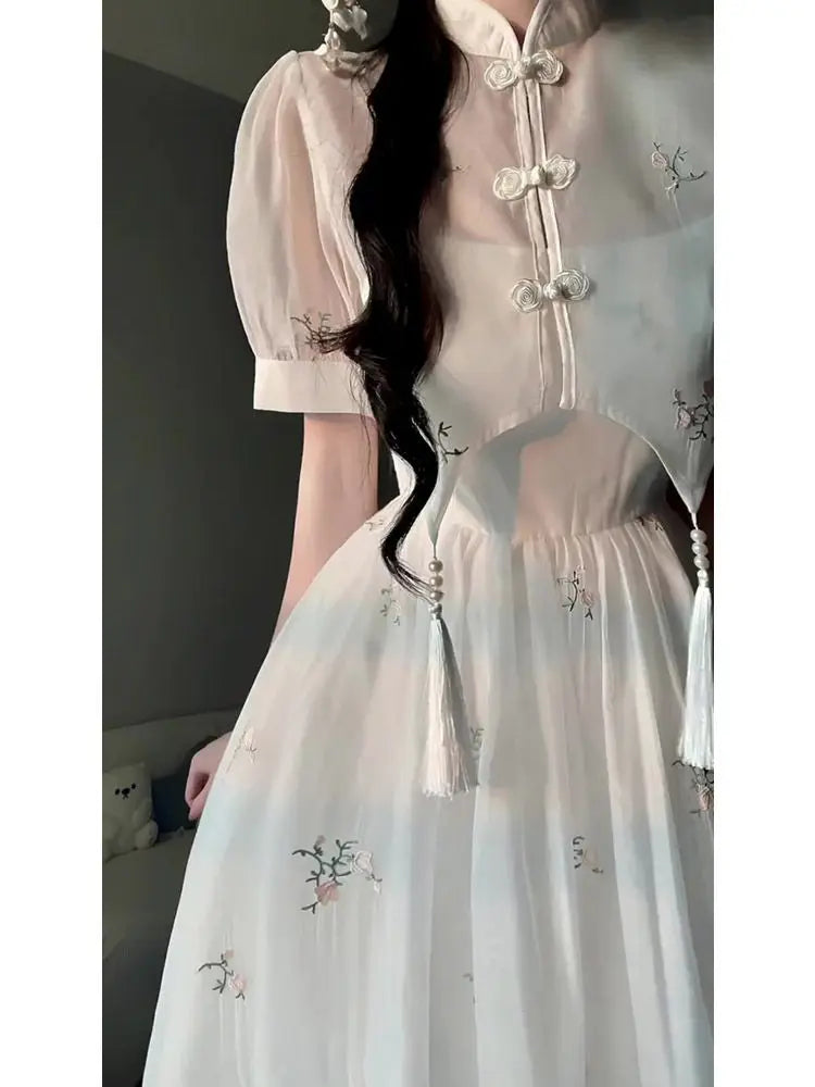 Dress Sets Summer Women Chinese Style Floral Hight Waist Mesh Midi Dresses Elegant Casual Gentle Wind Female Dress Vestidos