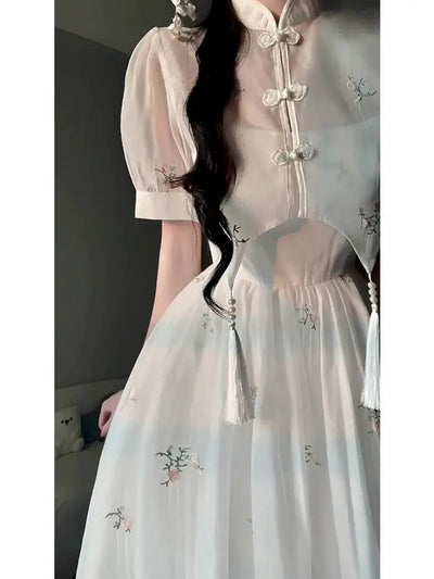Dress Sets Summer Women Chinese Style Floral Hight Waist Mesh Midi Dresses Elegant Casual Gentle Wind Female Dress Vestidos