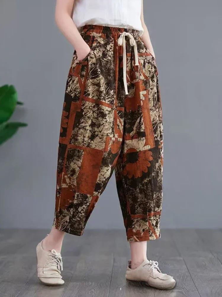 Fashion Printed Cotton Linen Harem Pants for Women 2025 Summer Casual High Waist Calf-Length Loose Trousers Female Streetwear