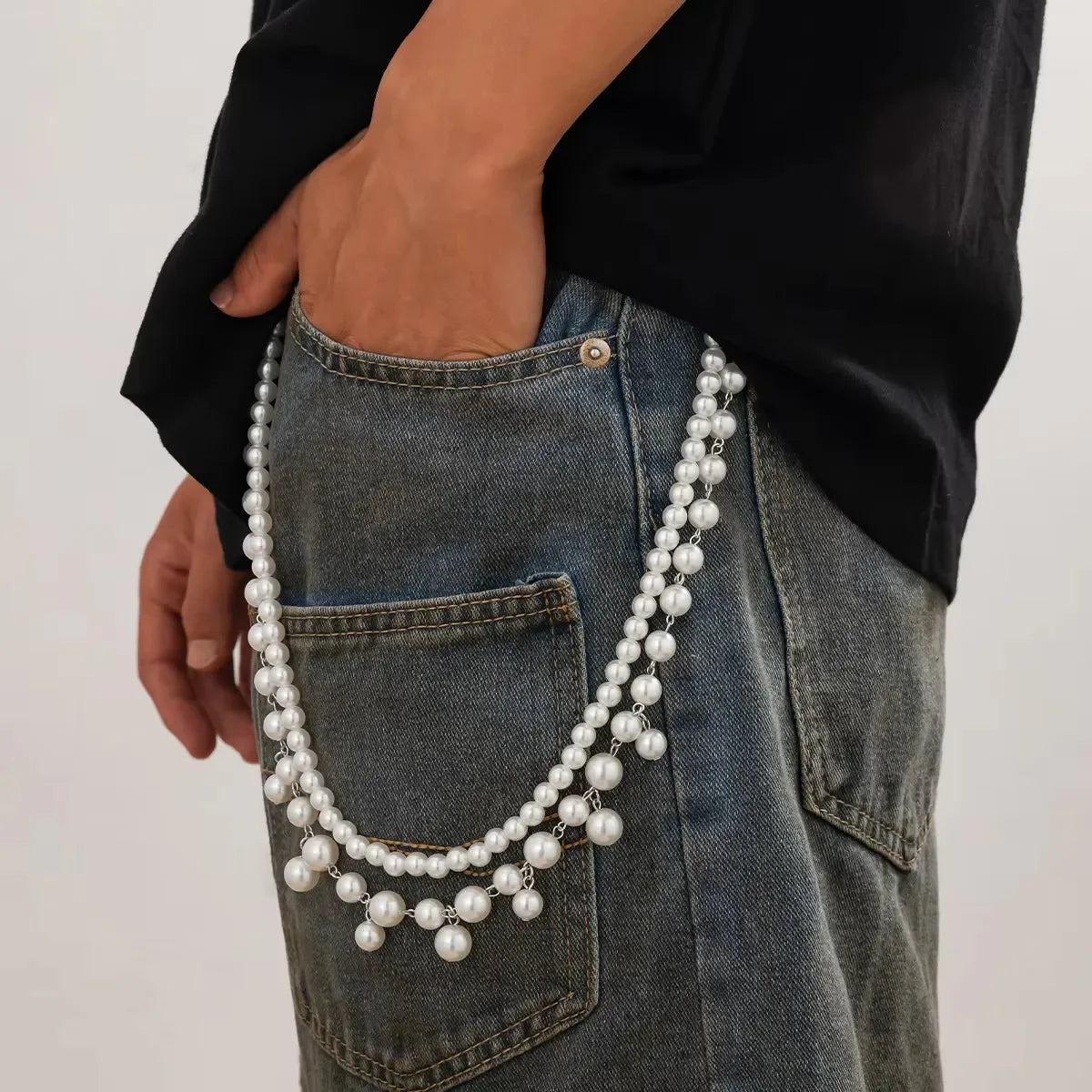 IngeSight.Z Men Hip Hop Multilayer Imitation Pearl Jeans Pants Keychain Chain Women Trousers Hipster Pant Chain Party Decoration