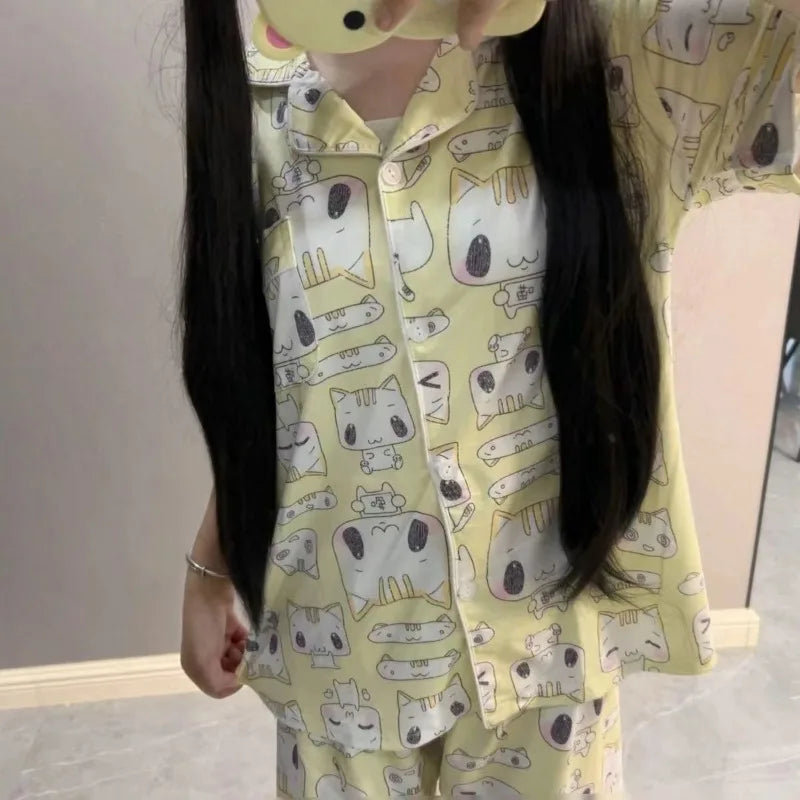 Women's Sleepwear Lounge Pajama Sets Summer Cartoon Print Cute Loose Pajamas Set Home Clothes Short Sleeves Top and Shorts Set