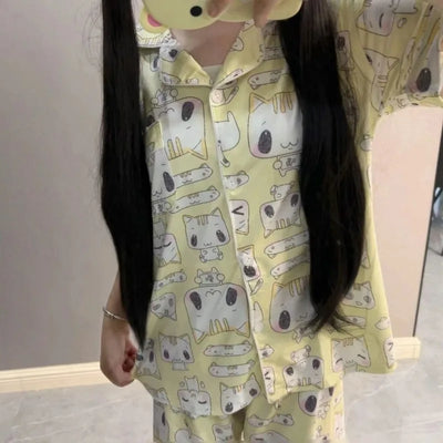 Women's Sleepwear Lounge Pajama Sets Summer Cartoon Print Cute Loose Pajamas Set Home Clothes Short Sleeves Top and Shorts Set