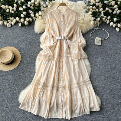 Retro Elegant Summer Stand Collar Flare Sleeve Single Breasted Lace Spliced Dress A-line French Evening Party Women Dresses