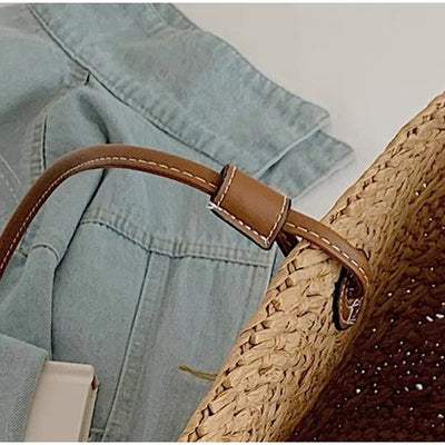 Designer Bohemian Chic Shoulder Bag,Solid Color Large Capacity Straw Woven Tote Bag,Nature-Inspired Beach Vacation Women Handbag