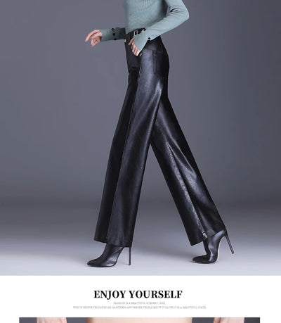 Women  Wide Leg PU Leather Pants  Autumn Winter Fashion Warm Long Pants Back Elastic Waist  Straight Elegant  Leather Trousers