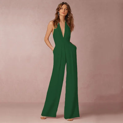 Jumpsuits Women Sexy Playsuits Deep V-neck Sleeveless Halter Neck Backless High Waist Wide Leg Jumpsuit Elegant Party Banquet