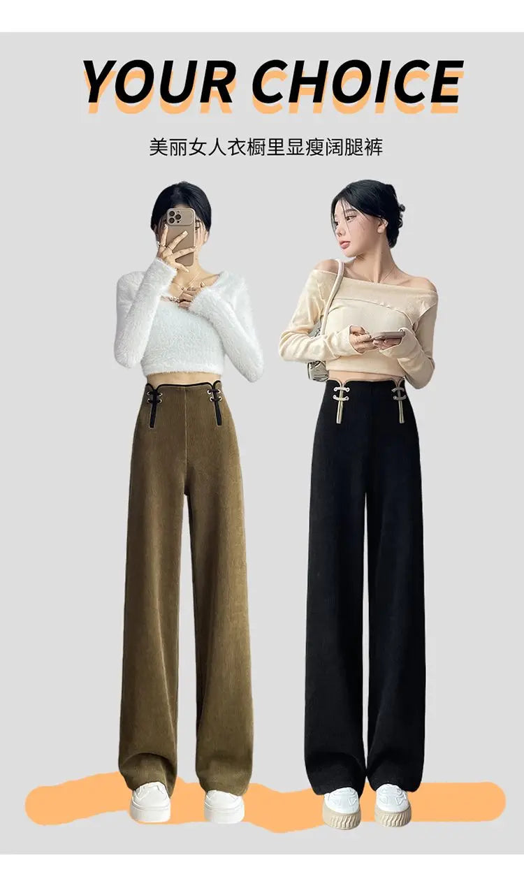 Women's Wide-leg Pants Autumn Winter Trousers New Chinese Style Folding High Waist Drooping Casual