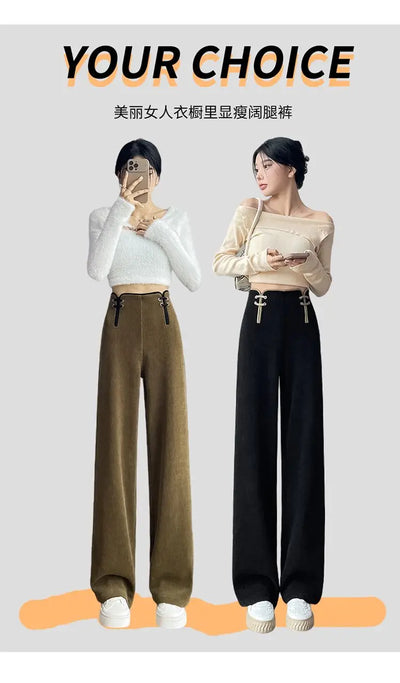 Women's Wide-leg Pants Autumn Winter Trousers New Chinese Style Folding High Waist Drooping Casual