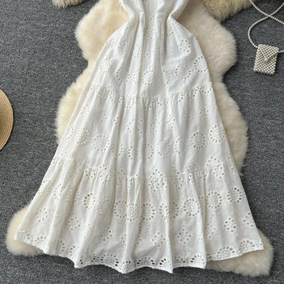 French Vintage Hollow Out Embroidery Butterfly Bow Bandage Slip Dress A-line Chic Casual Beach Vacation Women Summer Dresses