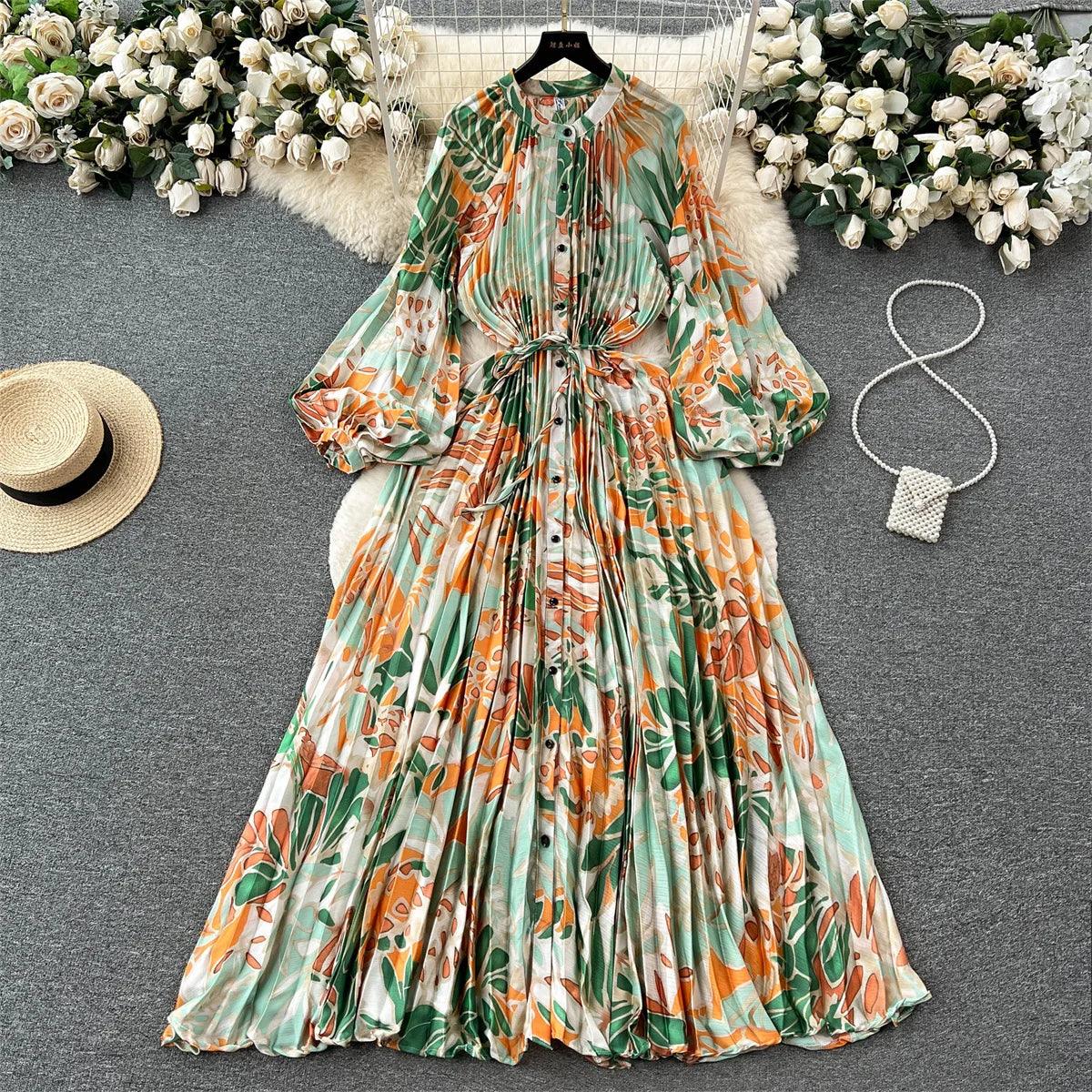 Retro Print Elegant Pleated Lantern Long Sleeve O Neck Single Breasted Dress A-line  Casual High Waist Women Summer Dresses