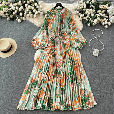 Retro Print Elegant Pleated Lantern Long Sleeve O Neck Single Breasted Dress A-line  Casual High Waist Women Summer Dresses