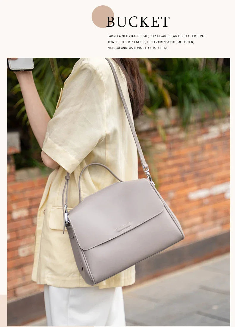 Women's Cowhide Genuine Leather Shoulder Bag Female Fashion Luxury Designer Handbags Ladies Commuting Large Capacity Bucket Bags