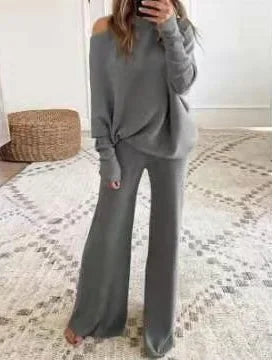Autumn Winter Fashion 2pcs Suits 2024 Women Outfits Slanted Neck Off Shoulder Top Wide Leg Pants Two-piece Set Women Tracksuits