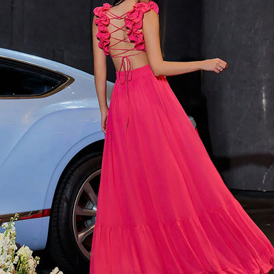 Women Wedding Dresses Summer Chiffon Flower Dress Backless Cross Tie Pleated Large Swing Evening Dress Vestidos De Mujer