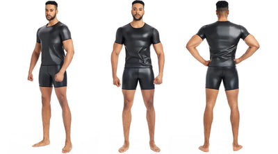 Men Long Sleeve Leather Shirt Tops Slim Underwear Body Shapers Waist Trainer Corsets Tummy Shapewear Leather Shirts Stand Collar