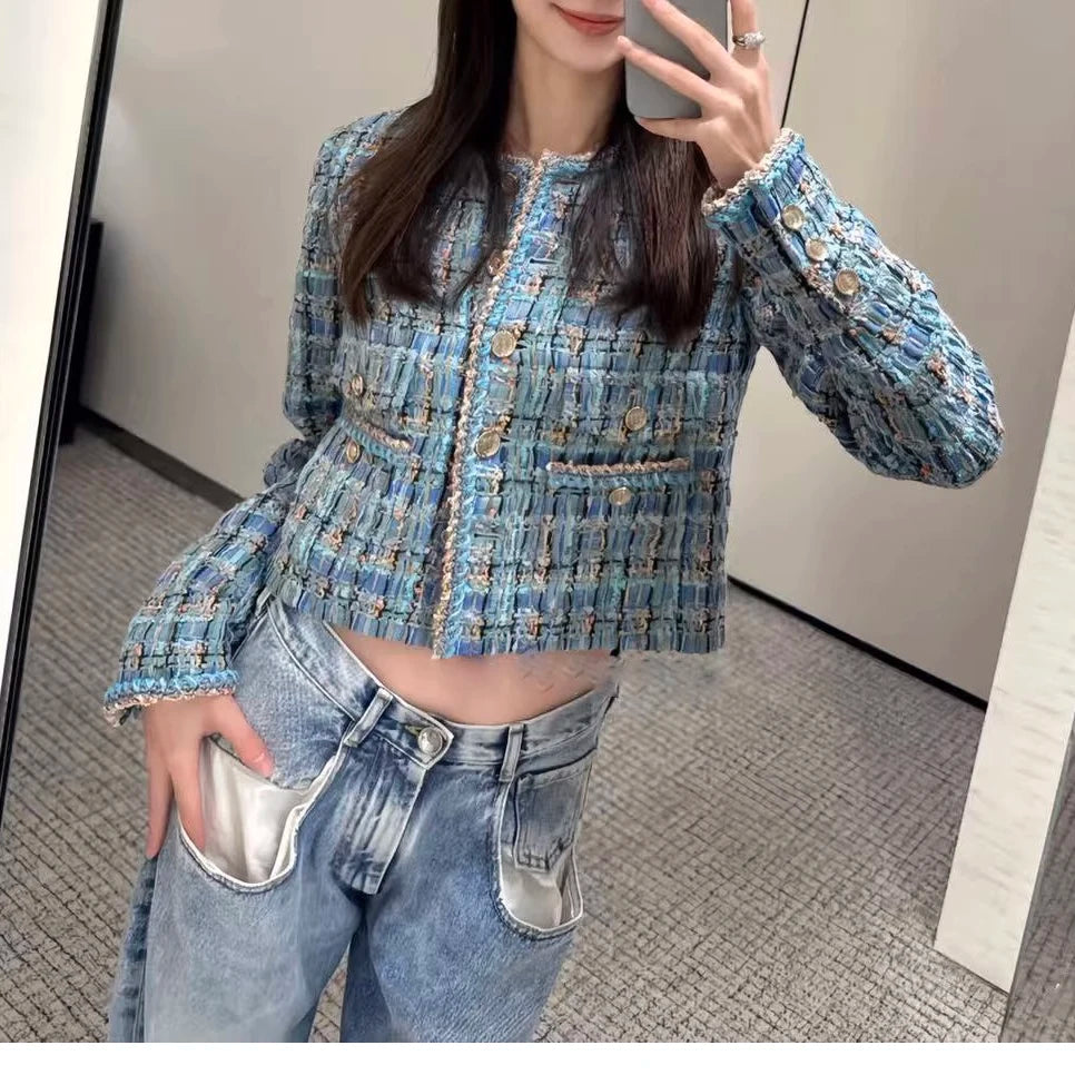 Autumn 2025 New Sle Blue een Tweed round Ne Single Button ort Quilted Jaet Women's Faion Outerwear Small Fraanc...