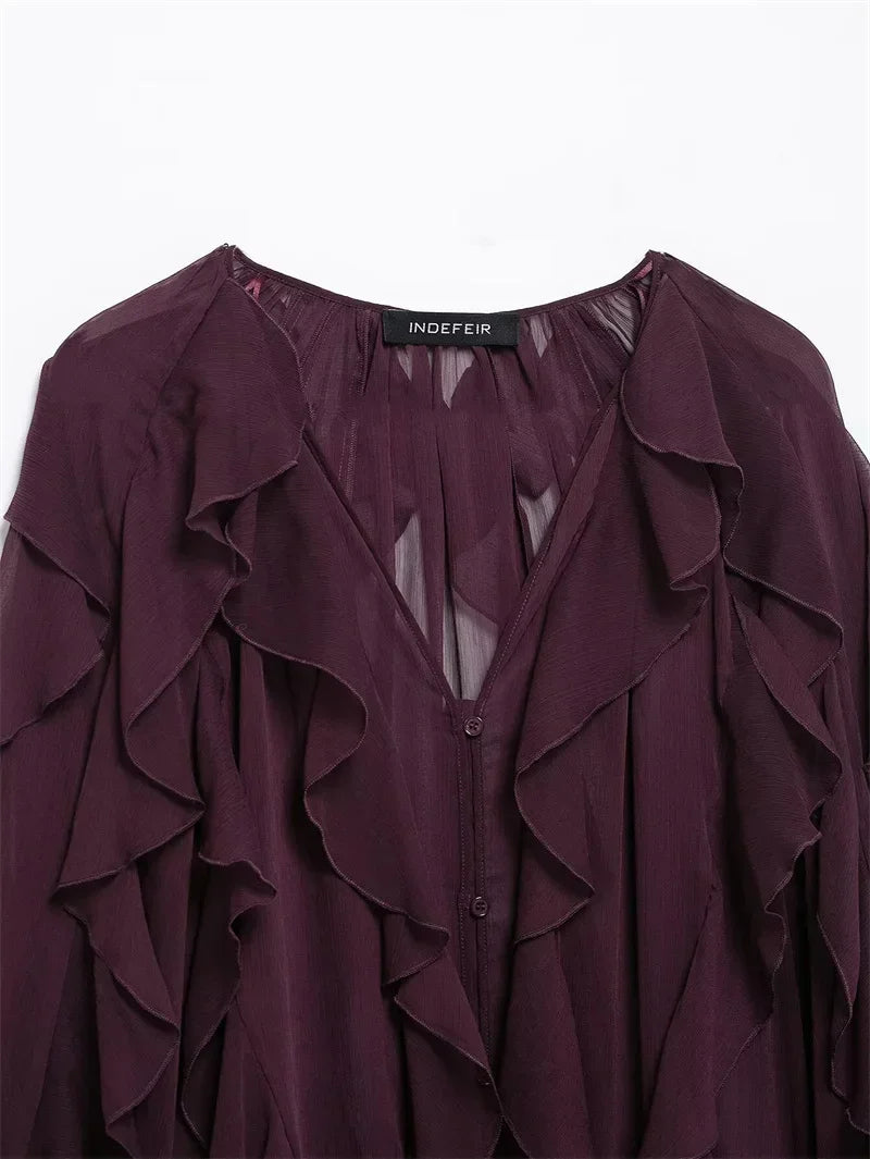 Ruffles Elegant Shirts & Blouses for Women 2025 Long Sleeve Semi-Transparent Tops For Women Spring Shirt And Blouse Top