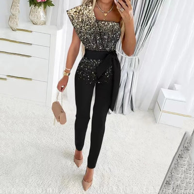 Summer Bodysuit Sexy Party Overalls Solid Sleeveless Women Jumpsuit Long Pants Rompers Lace-up Slim-fit Sequin Women's Trousers