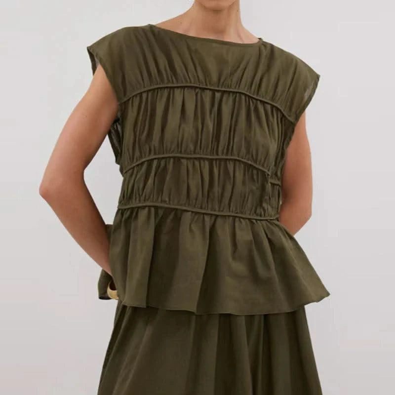 Women Cotton Linen Sleeveless Blouse Round Neck Pleated Top 2025 Spring Summer New Lady O-Neck Solid Color Shirt