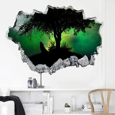 3D Broken Wall Hole Art Moon Night Wolf Howls Vinyl Mural Stickers Room Decorations for Home Items Self Adhesive Animal Poster