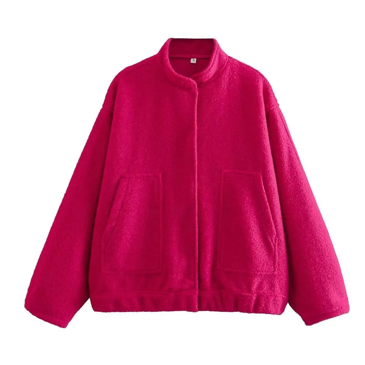 Woman's Oversized Bomber Jacket Autumn New Round Neck Long Sleeve Pocket Hidden Button Loose Jackets Coat Female Outerwear