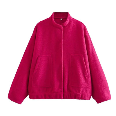 Woman's Oversized Bomber Jacket Autumn New Round Neck Long Sleeve Pocket Hidden Button Loose Jackets Coat Female Outerwear