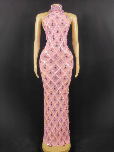 Women Sexy Stage Shining Rhinestone Sequins Dress Evening Prom Birthday Dress Transparent Performance Singer Club Host Dress