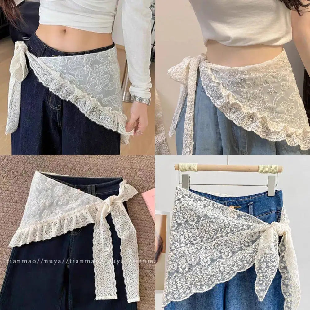 A-line Skirt White Women Lace Skirt Girls Hair Scarf Elegant Hairwrap Y2k Streetwear Ruffle Skirts Lace Up Matching Pants Skirt