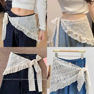 A-line Skirt White Women Lace Skirt Girls Hair Scarf Elegant Hairwrap Y2k Streetwear Ruffle Skirts Lace Up Matching Pants Skirt