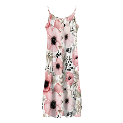 Women's Summer Dresses Watercolor Floral Pattern Midi Dress Spaghetti Strap Casual Flower Ruffle Loose Fit Flowy Dresses