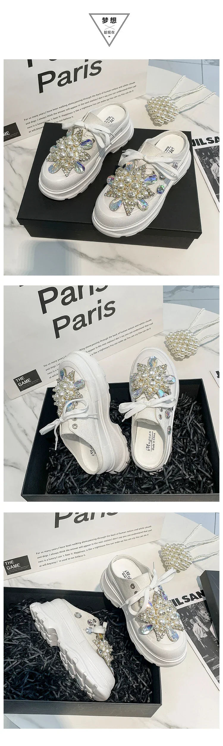 Spring New Women Sneakers Slipper Designer Platform Mules Flat Sandal Sweet Casual Lace Up Pearl Crystal Shallow Ladies Shoes
