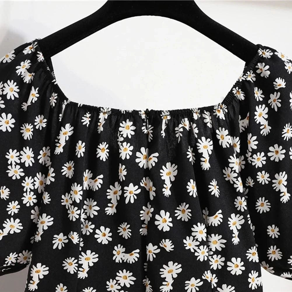 Women Mini Dresses Summer Fashion Female Vestidos Print Floral Chiffon Dresses Shirring Pleated Short Puffy Sleeve Casual Dress